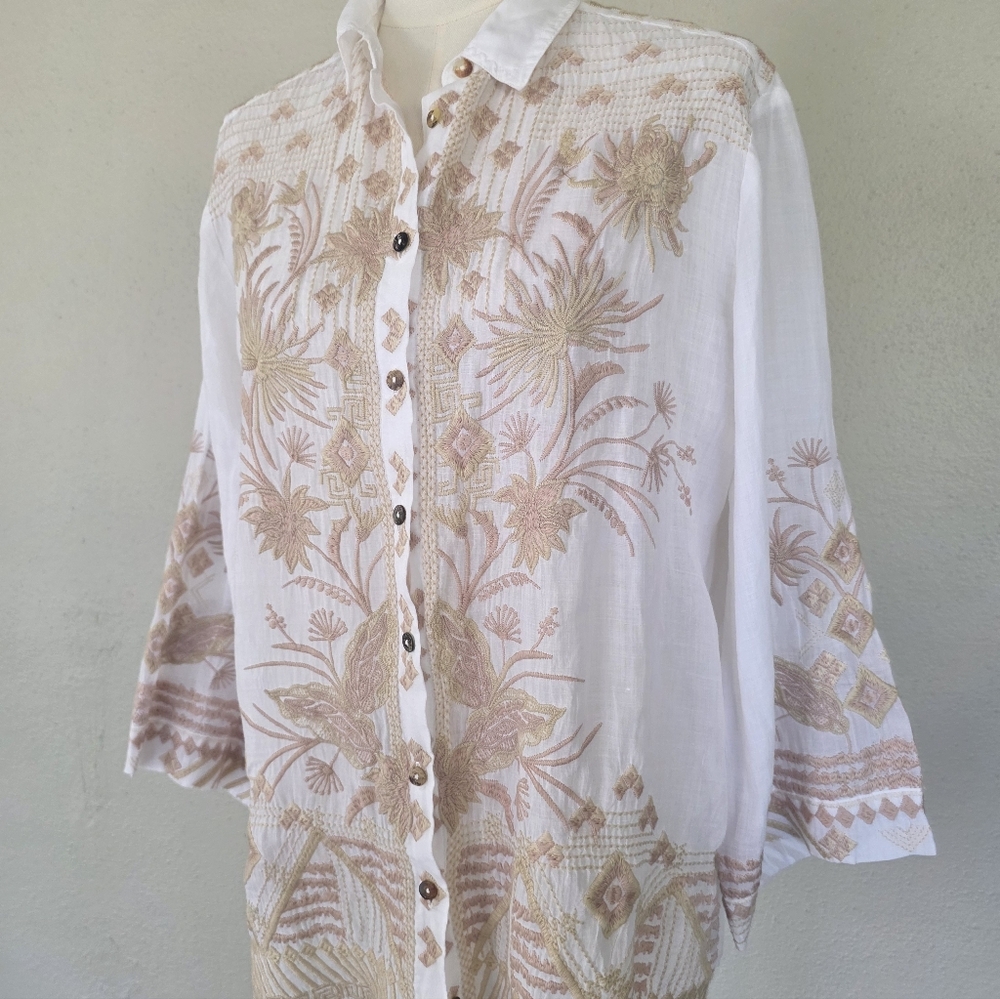 Johnny Was Talia Embroidered Ramie Blouse White Tonal Boho Bell Sleeve S - Picture 3 of 16